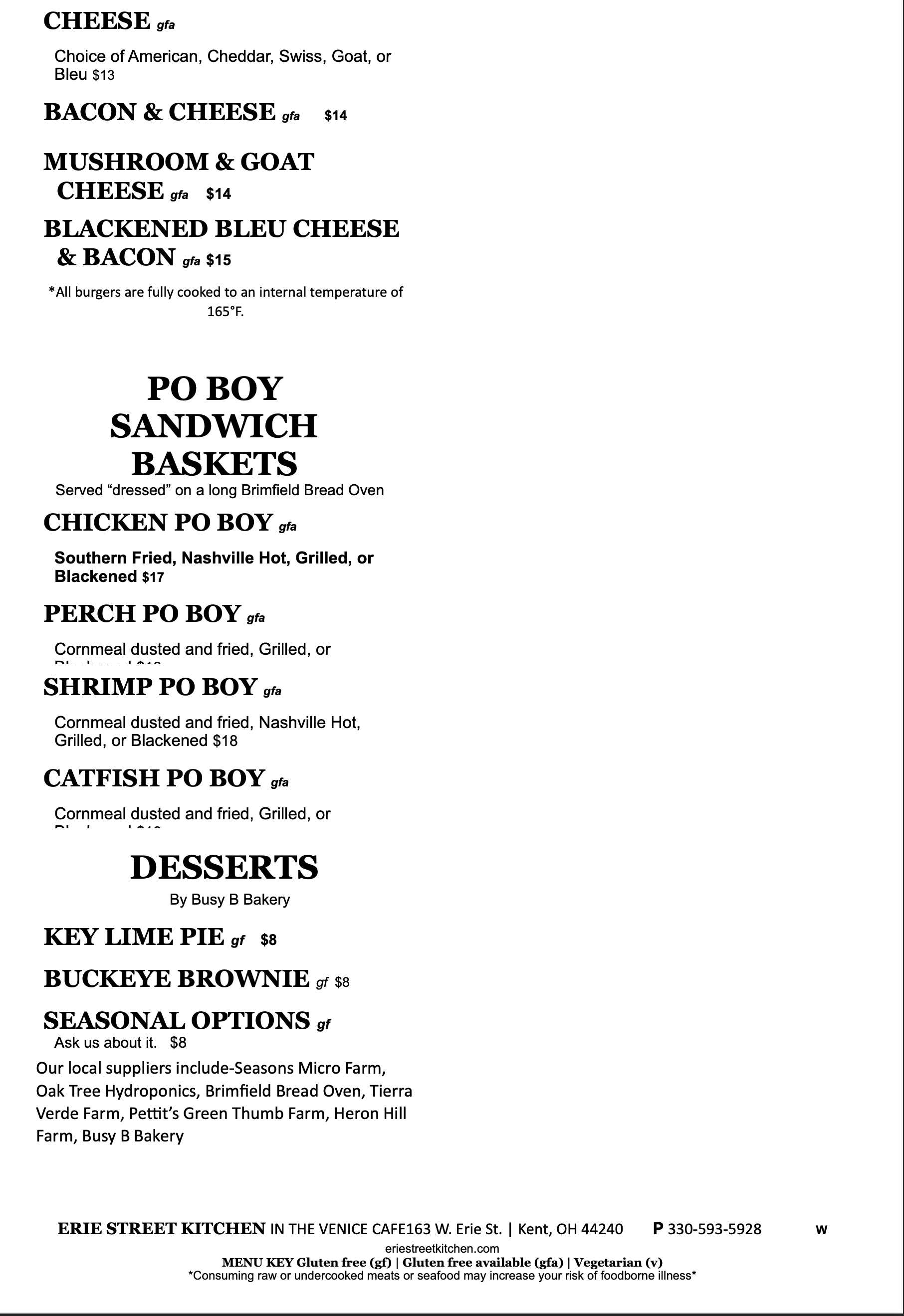 Menu Erie Street Kitchen