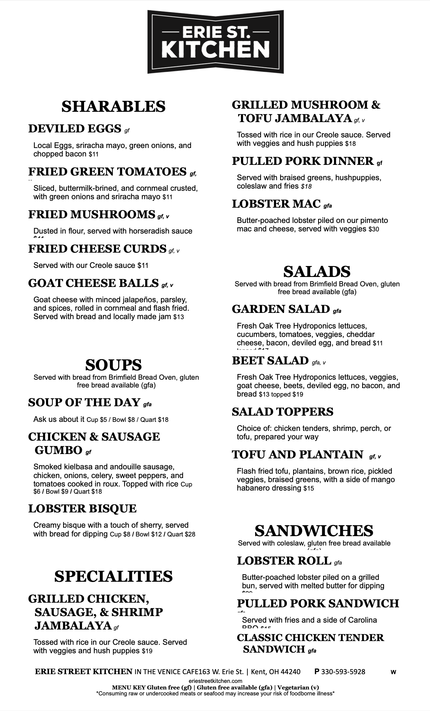 Menu Erie Street Kitchen